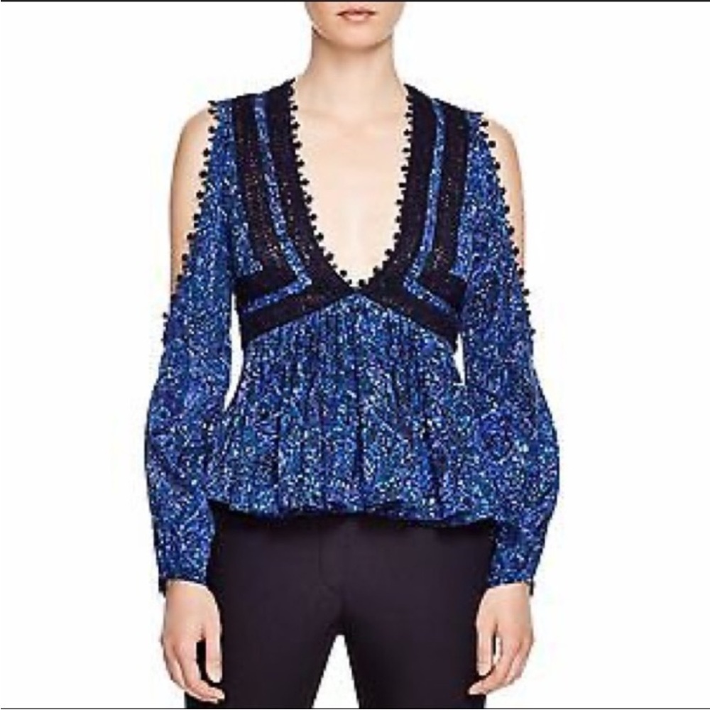 Rebecca Taylor Blue Black Printed Lace Cold Shoulder Top Size 10
